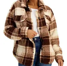 Crave Fame Chocolate Brown Cream Plaid Button Front Faux Sherpa Shacket Junior M