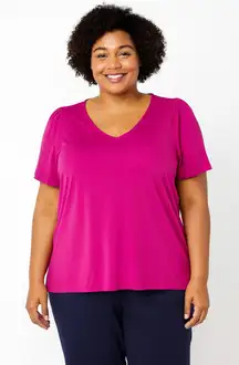 NWT Susan Graver Magenta Purple Liquid Knit Puff Sleeve V-Neck Top Size Large