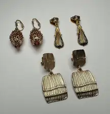 Gold Tone Clip-On Clip On Earrings 1 Faux Damascene Dangle Drop Lot Of 3