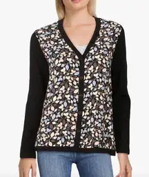 Anne Klein Women's Mayfair Floral Cardigan in Anne Black/Peacock Blue Combo NWT