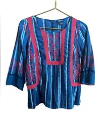Lucky Beans Red Blue Boho Peasant Festival Tunic Style Top 3/4 Sleeves Medium