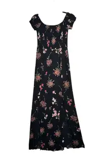 Express Y2K VTG Side Slit Maxi Dress Black Dark Pink Floral Smocked Bodice Small