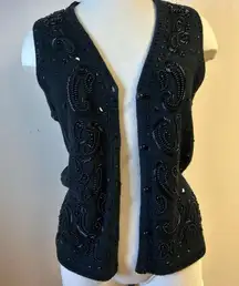 Vintage Yarnworks Black Beaded Sleeveless Grandma Vest size S