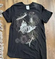 Fifth Sun Cat Shirt Womens Small Black Fireworks Cute Silly Short Sleeve Top NWT