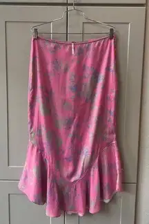 Free People Everythings Rosy Pink Floral Satin Maxi Midi Skirt Watrcolor 8 Small