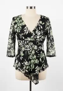 j.t.b. Floral Mesh Top L Black Green White V-Neck 3/4 Sleeve Asymmetrical Hem