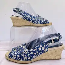 Kindly Blue Floral Fabric Espadrille Slingback Sandals Size 8.5