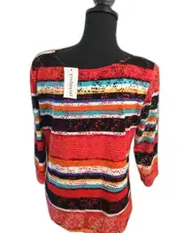 Peck & Peck New NWT  Womans Knit Top  L Colorful Striped Stretch lined Perforated