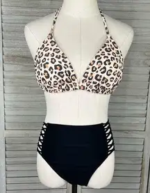 Xhilaration  Bikini Set Leopard Triangle Top/High Waisted Black Bottoms-L and M