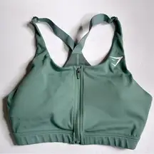 Gymshark Green Sports Bra Zippered Front Closure, Mesh Back, Adjustable, Small