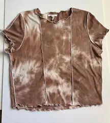 Top Brown Tie Dye Ruffle Contrast Trim Crop Short Sleeve