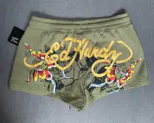 Ed Hardy Olive Green Butterfly Fleece Athletic Shorts Size Medium Wearable‎ Art