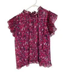 Anthropologie Women's Standard M Pink Floral Pleated Ruffle Blouse Spring Casual
