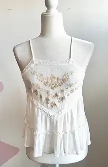 White Embroidered Lace Trim‎ Tank Top Boho Cottagecore Festival Bohemian XS