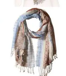 PRANA Mae Scarf Wrap Fringed Striped Tan Blue Cream Multicolored 100% Wool