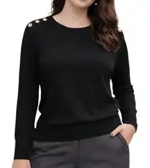 Women's Black Long Sleeve Knitted Pullover Sweater Gold Shoulder Button Size LP