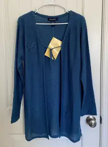 NEW Denim & Co.‎ women’s blue tie front floral embroidered long sweater small