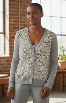 LOFT Gray Lace Front Cardigan Sweater Long Sleeve Button Up Women's Size L