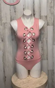 Love J Pink Lace-Up Bodysuit | Sleeveless Eyelet Front Bodysuit Size Small
