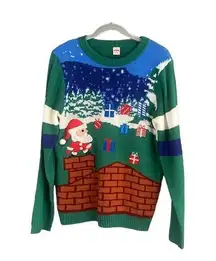 Holiday Time Green Multicolor Christmas Santa Ugly Knit Sweater Women Sz XXL