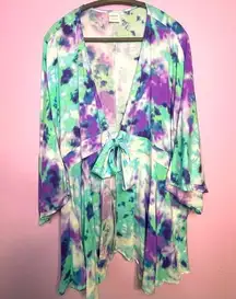 Simple by Suzane Betro Tie Front Cardigan Flounce Boho Blue Purple Tie Dye 3x