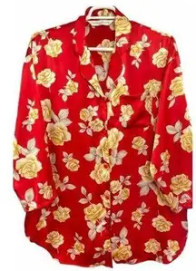 Victoria's Secret Floral Sleep Shirt Red Gold Size L Long Sleeve Sleepwear Satin