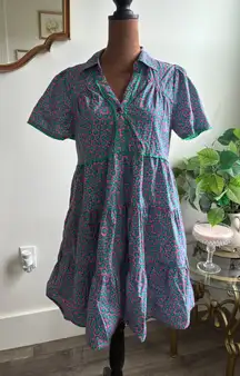 Umgee USA Pink Green Floral A Lined‎ Tiered Mini Dress Flutter Sleeve Small