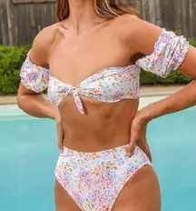 LULU’S Poolside To Side Ivory Floral Print Tie Front Bikini Top