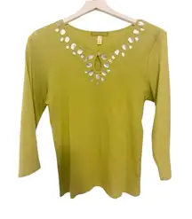 Sigrid Olsen Green Mother of Pearl Keyhole Long Sleeve T-Shirt 3/4 Sleeve Size L