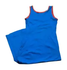 70s Vintage Fritzi of California Blue Cotton Midi Dress Sleeveless Red Trim Med