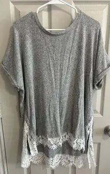 Bobeau Tunic Size 2x Gray Top Shirt Blouse Short Sleeve Soft Fabric Lace Accent