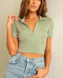 Lulu's Lookin' Flirty Sage Green Ribbed Collared Short Sleeve Crop Top