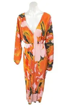 NEW ASOS Orange Floral Long Sleeve V-Neck Long Sleeve Blouson Maxi Dress Size 4