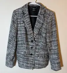 DKNY Tweed Blazer Fringed Jacket Career Business Black‎ Gray White Size 8