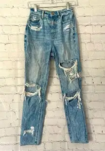 American Eagle Light Wash Mom Jean Distressed High Waist Rise 24W 27.5L  0 Long