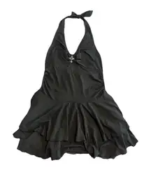 Beaudrm Tiered Mini Dress Size XL Black Sleeveless Halter Tie Neck Cross Pendant