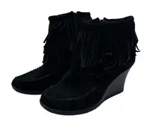Minnetonka Black Suede Leather Fringe Ankle Wedge Booties Women 7.5‎ Festive