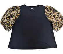 DKNY Womens Black Leopard Puff Sleeve T Shirt XL Casual Top