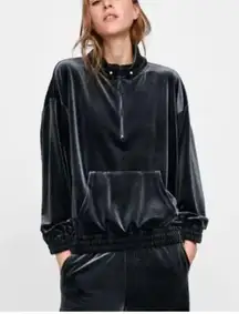 Zara Velvet/Velour Dark Emerald High Neck Track Jacket Pullover Size Med…