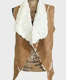 ONETHELAND Vegan Suede Tan Faux Fur Open Vest with Pockets Small |‎ EUC