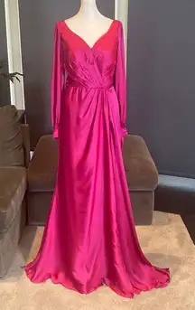 Women’s Pink Satin Full Length Long Sleeve Dress Corset Back Leg Slit Size 8