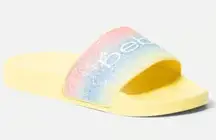 NEW  BEBE FRAIDA SLIDE GLITTER LOGO OMBRE COLOR: YELLOW MULTI