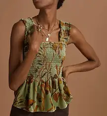 NEW Anthropologie Smocked Velvet Babydoll Top Womens XL Green Fall Foliage Print