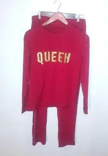 Beautiful M Queen Gold Pearls Adorned Maroon Lounge Outfit 2 Piece Set