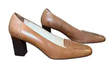 Ann Taylor Leather Heels Square Toe Block Heel Tan Brown All Leather Italy 9M