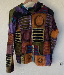 Colorful Patchwork Zip Up Hoodie Jacket Boho Artsy Hippie Fairy Grunge Y2K XL