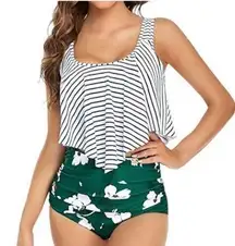 Women's Striped Ruffle Top Green Floral HIgh Rise Ruched Swimsuit Size XL NWT