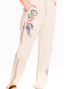 Paparazzi by Biz Floral Embroidered Linen Cargo Jogger Pant Cream Medium