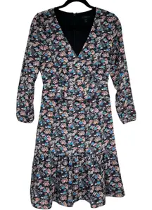 J Crew Black Floral Mini Dress Womens 4 Peplum Long Sleeve Fall Boho Romantic