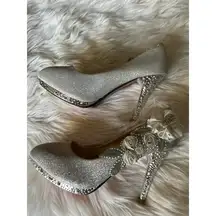 Stunning White  Glitter Heels with Floral Accents